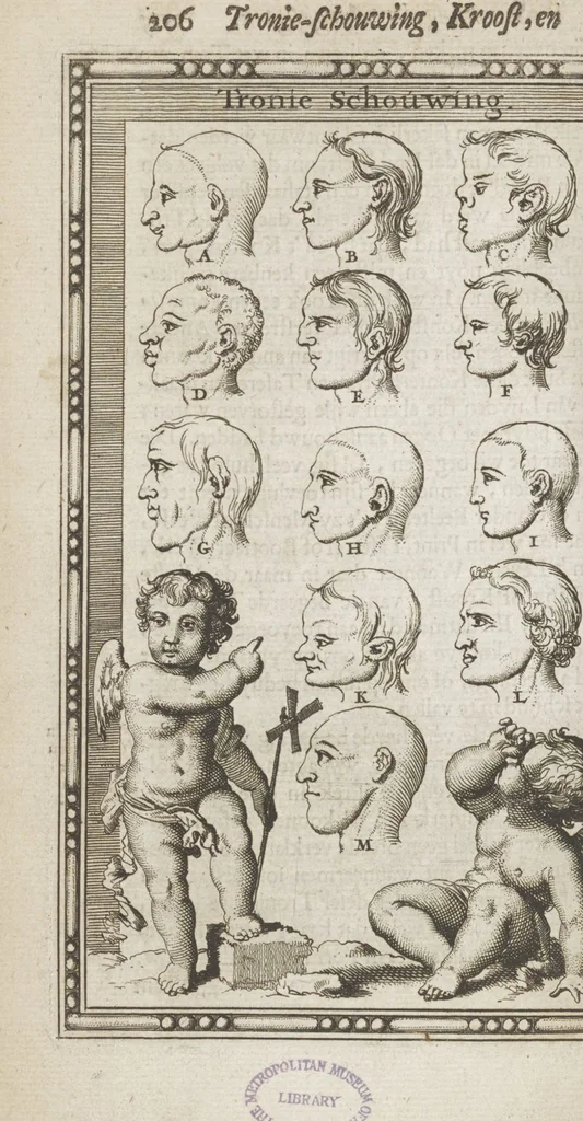 An illustration from Natuurlyk en schilderkonstig ontwerp der menschkunde leerende niet alleen de kennis van de gestalte, proportie, schoonheyd, muskelen, bewegingen, actien, passien, en welstand der menschbeelden : tot de teykenkunde, schilderkunde, beeldhouwery, bootseer en giet-oeffening toepassen : maar ook hoe sich een mensch na deselve regelen ... / door W. Goeree, 1682, leaf 232
