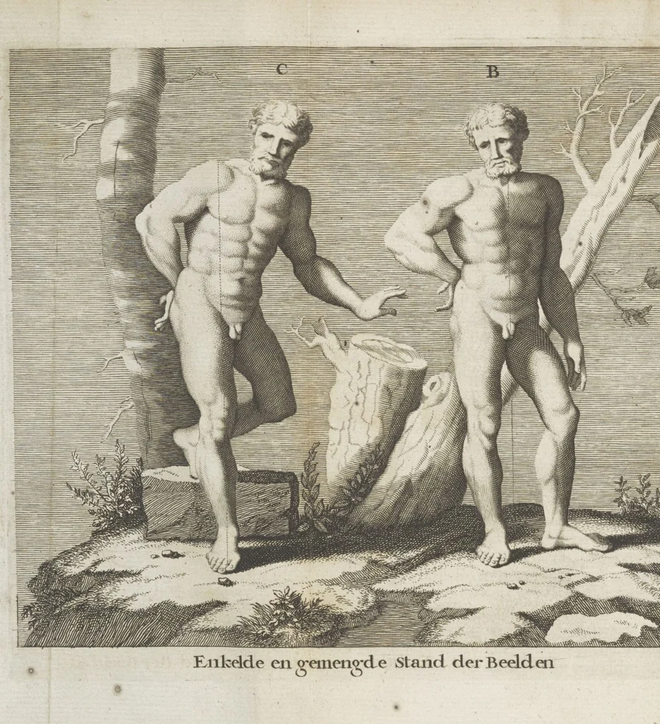 An illustration from Natuurlyk en schilderkonstig ontwerp der menschkunde leerende niet alleen de kennis van de gestalte, proportie, schoonheyd, muskelen, bewegingen, actien, passien, en welstand der menschbeelden : tot de teykenkunde, schilderkunde, beeldhouwery, bootseer en giet-oeffening toepassen : maar ook hoe sich een mensch na deselve regelen ... / door W. Goeree, 1682, leaf 286