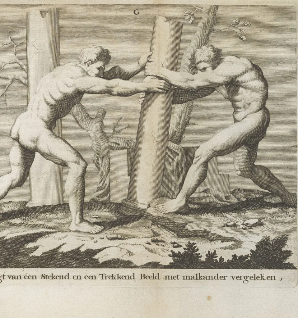 An illustration from Natuurlyk en schilderkonstig ontwerp der menschkunde leerende niet alleen de kennis van de gestalte, proportie, schoonheyd, muskelen, bewegingen, actien, passien, en welstand der menschbeelden : tot de teykenkunde, schilderkunde, beeldhouwery, bootseer en giet-oeffening toepassen : maar ook hoe sich een mensch na deselve regelen ... / door W. Goeree, 1682, leaf 303
