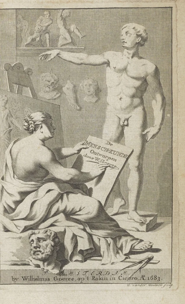 An illustration from Natuurlyk en schilderkonstig ontwerp der menschkunde leerende niet alleen de kennis van de gestalte, proportie, schoonheyd, muskelen, bewegingen, actien, passien, en welstand der menschbeelden : tot de teykenkunde, schilderkunde, beeldhouwery, bootseer en giet-oeffening toepassen : maar ook hoe sich een mensch na deselve regelen ... / door W. Goeree, 1682, leaf 7