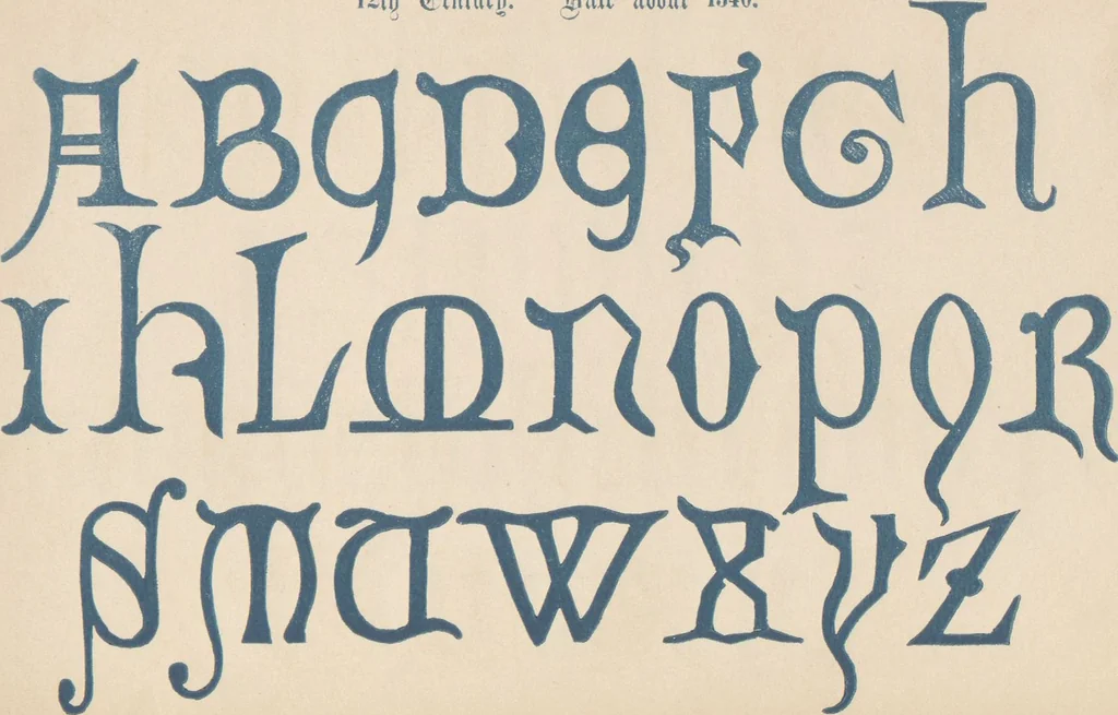 An illustration from The book of ornamental alphabets, ancient and modern, from the ninth to the nineteenth century, with numerals : including Gothic, church-text, large and small, German, Italian, arabesque, initials for illumination, rustic, large and small, ornamental : and with an analysis of the Roman and Old English alphabets (large and small) ... / collected and designed by F. Delamotte, 1858, leaf 10