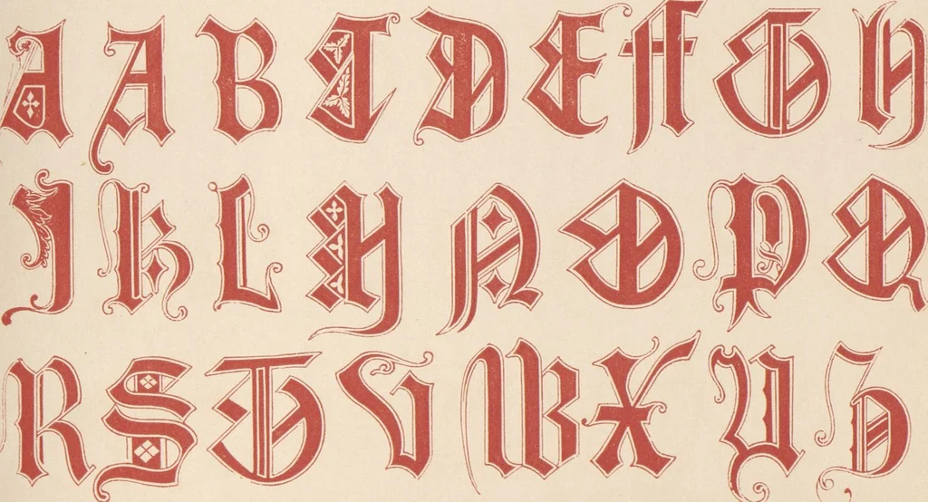 An illustration from The book of ornamental alphabets, ancient and modern, from the ninth to the nineteenth century, with numerals : including Gothic, church-text, large and small, German, Italian, arabesque, initials for illumination, rustic, large and small, ornamental : and with an analysis of the Roman and Old English alphabets (large and small) ... / collected and designed by F. Delamotte, 1858, leaf 19