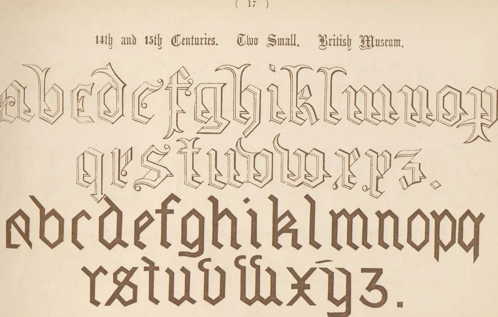 An illustration from The book of ornamental alphabets, ancient and modern, from the ninth to the nineteenth century, with numerals : including Gothic, church-text, large and small, German, Italian, arabesque, initials for illumination, rustic, large and small, ornamental : and with an analysis of the Roman and Old English alphabets (large and small) ... / collected and designed by F. Delamotte, 1858, leaf 22