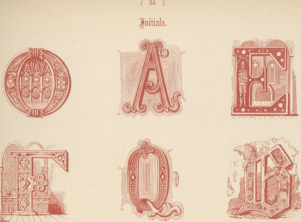 An illustration from The book of ornamental alphabets, ancient and modern, from the ninth to the nineteenth century, with numerals : including Gothic, church-text, large and small, German, Italian, arabesque, initials for illumination, rustic, large and small, ornamental : and with an analysis of the Roman and Old English alphabets (large and small) ... / collected and designed by F. Delamotte, 1858, leaf 40