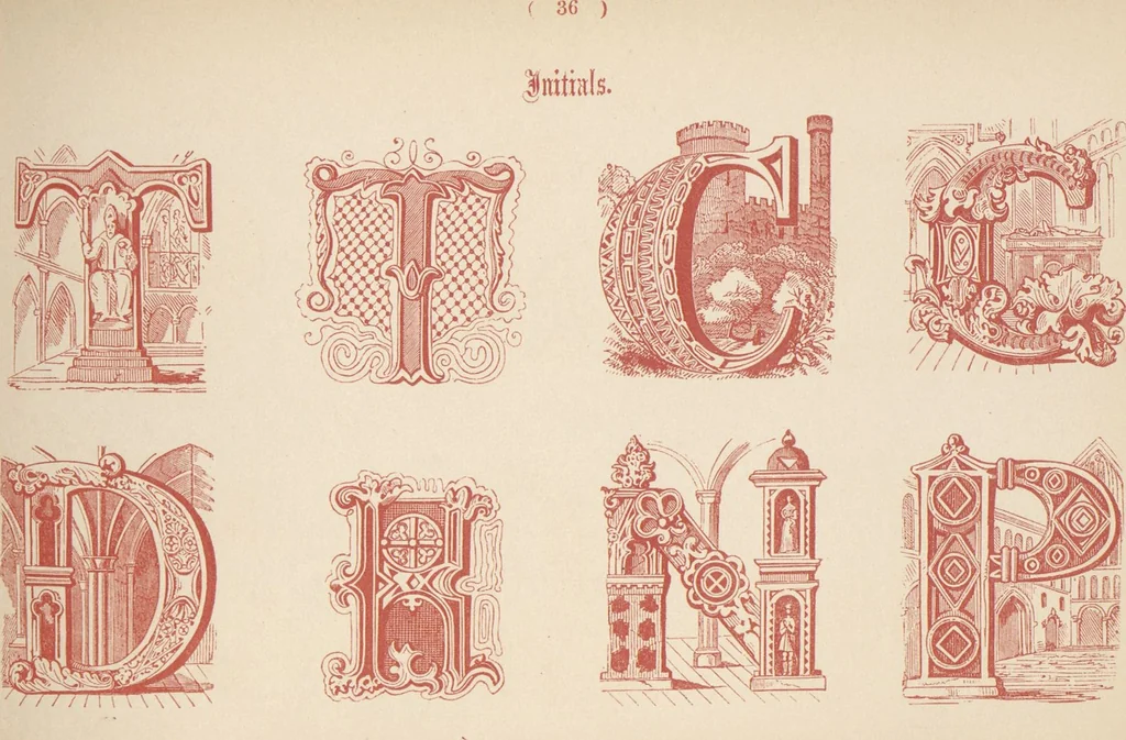 An illustration from The book of ornamental alphabets, ancient and modern, from the ninth to the nineteenth century, with numerals : including Gothic, church-text, large and small, German, Italian, arabesque, initials for illumination, rustic, large and small, ornamental : and with an analysis of the Roman and Old English alphabets (large and small) ... / collected and designed by F. Delamotte, 1858, leaf 41