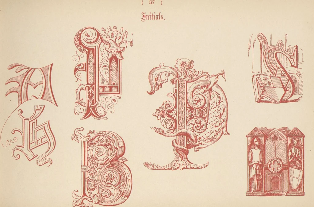 An illustration from The book of ornamental alphabets, ancient and modern, from the ninth to the nineteenth century, with numerals : including Gothic, church-text, large and small, German, Italian, arabesque, initials for illumination, rustic, large and small, ornamental : and with an analysis of the Roman and Old English alphabets (large and small) ... / collected and designed by F. Delamotte, 1858, leaf 42