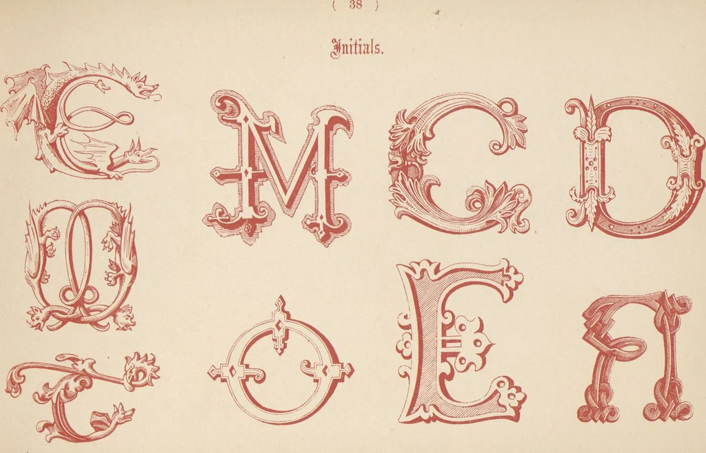 An illustration from The book of ornamental alphabets, ancient and modern, from the ninth to the nineteenth century, with numerals : including Gothic, church-text, large and small, German, Italian, arabesque, initials for illumination, rustic, large and small, ornamental : and with an analysis of the Roman and Old English alphabets (large and small) ... / collected and designed by F. Delamotte, 1858, leaf 43