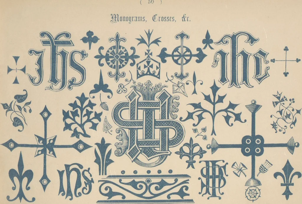 An illustration from The book of ornamental alphabets, ancient and modern, from the ninth to the nineteenth century, with numerals : including Gothic, church-text, large and small, German, Italian, arabesque, initials for illumination, rustic, large and small, ornamental : and with an analysis of the Roman and Old English alphabets (large and small) ... / collected and designed by F. Delamotte, 1858, leaf 55