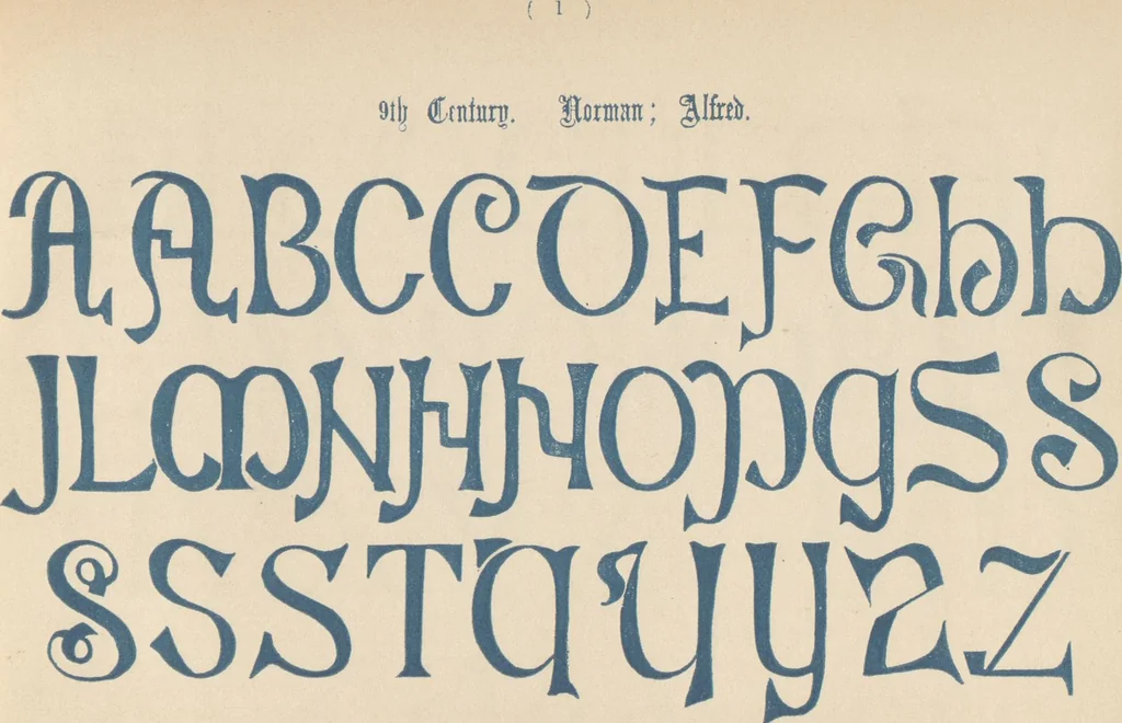 An illustration from The book of ornamental alphabets, ancient and modern, from the ninth to the nineteenth century, with numerals : including Gothic, church-text, large and small, German, Italian, arabesque, initials for illumination, rustic, large and small, ornamental : and with an analysis of the Roman and Old English alphabets (large and small) ... / collected and designed by F. Delamotte, 1858, leaf 6