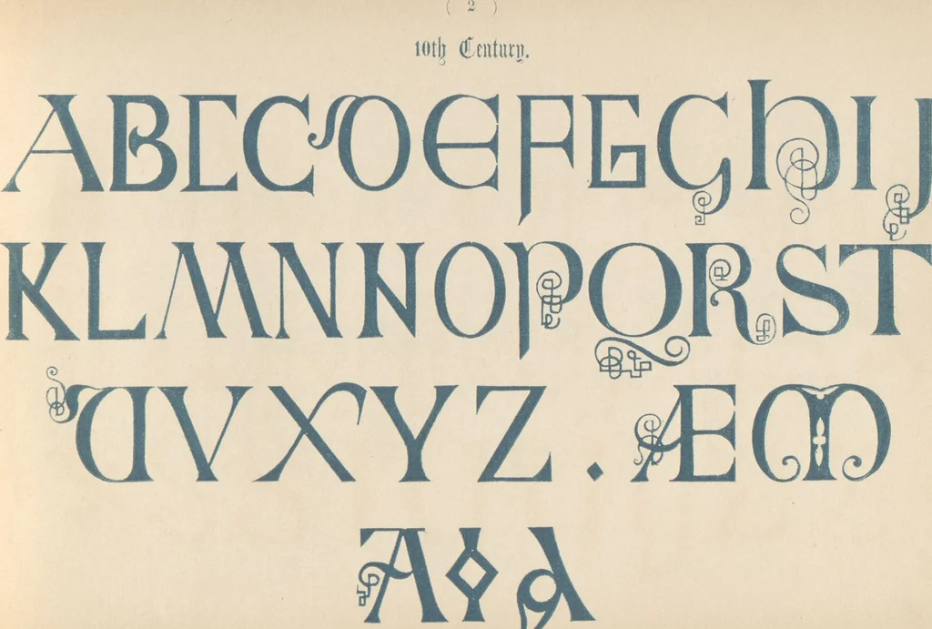 An illustration from The book of ornamental alphabets, ancient and modern, from the ninth to the nineteenth century, with numerals : including Gothic, church-text, large and small, German, Italian, arabesque, initials for illumination, rustic, large and small, ornamental : and with an analysis of the Roman and Old English alphabets (large and small) ... / collected and designed by F. Delamotte, 1858, leaf 7