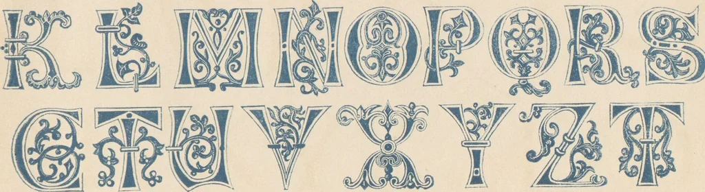 An illustration from The book of ornamental alphabets, ancient and modern, from the ninth to the nineteenth century, with numerals : including Gothic, church-text, large and small, German, Italian, arabesque, initials for illumination, rustic, large and small, ornamental : and with an analysis of the Roman and Old English alphabets (large and small) ... / collected and designed by F. Delamotte, 1858, leaf 8
