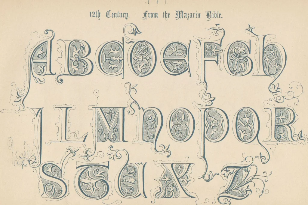 An illustration from The book of ornamental alphabets, ancient and modern, from the ninth to the nineteenth century, with numerals : including Gothic, church-text, large and small, German, Italian, arabesque, initials for illumination, rustic, large and small, ornamental : and with an analysis of the Roman and Old English alphabets (large and small) ... / collected and designed by F. Delamotte, 1858, leaf 9