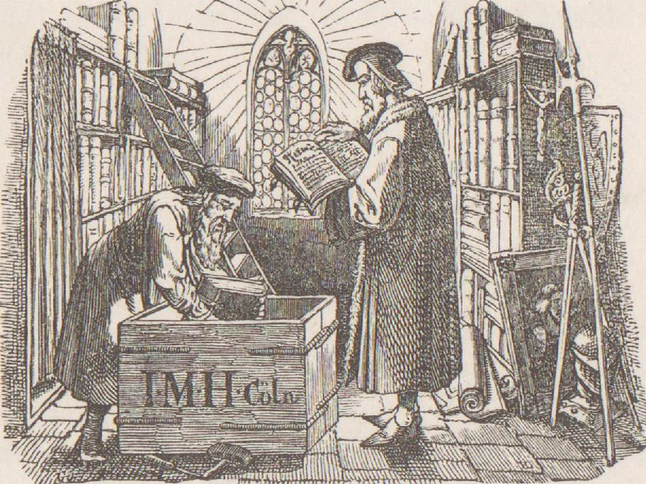 An illustration from Bilderhefte zur Geschichte des Bücherhandels und der mit demselben verwandten Künste und Gewerbe / herausgegeben von Heinrich Lempertz, 1853, leaf 1