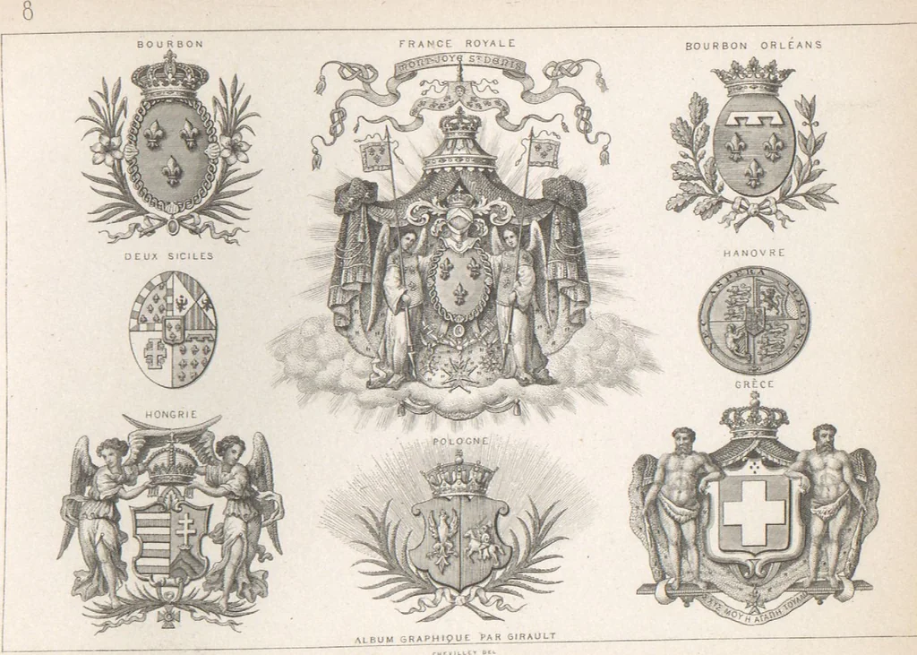 An illustration from Álbum graphique : recueil d'alphabets français, étrangers et ornés, couronnes, armes, supports, chiffres entrelacés et ornés : [volume 2] / monogrammes tires d'anciens manuscrits et composés par J. Girault, 1870, leaf 100