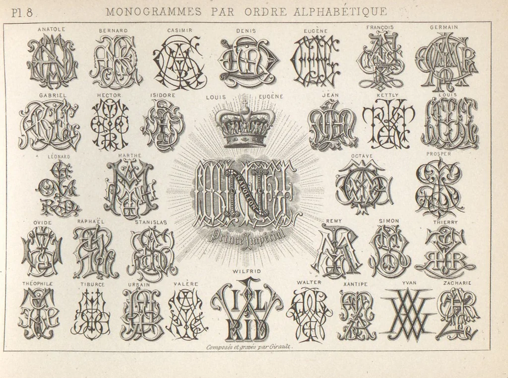 An illustration from Álbum graphique : recueil d'alphabets français, étrangers et ornés, couronnes, armes, supports, chiffres entrelacés et ornés : [volume 2] / monogrammes tires d'anciens manuscrits et composés par J. Girault, 1870, leaf 11