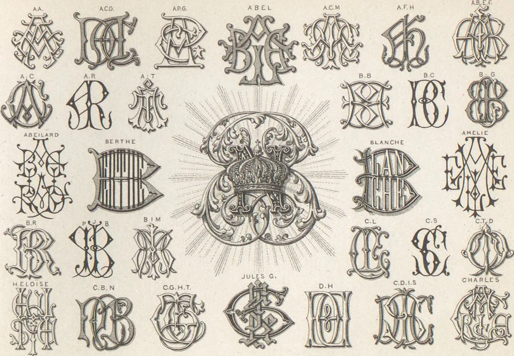 An illustration from Álbum graphique : recueil d'alphabets français, étrangers et ornés, couronnes, armes, supports, chiffres entrelacés et ornés : [volume 2] / monogrammes tires d'anciens manuscrits et composés par J. Girault, 1870, leaf 12