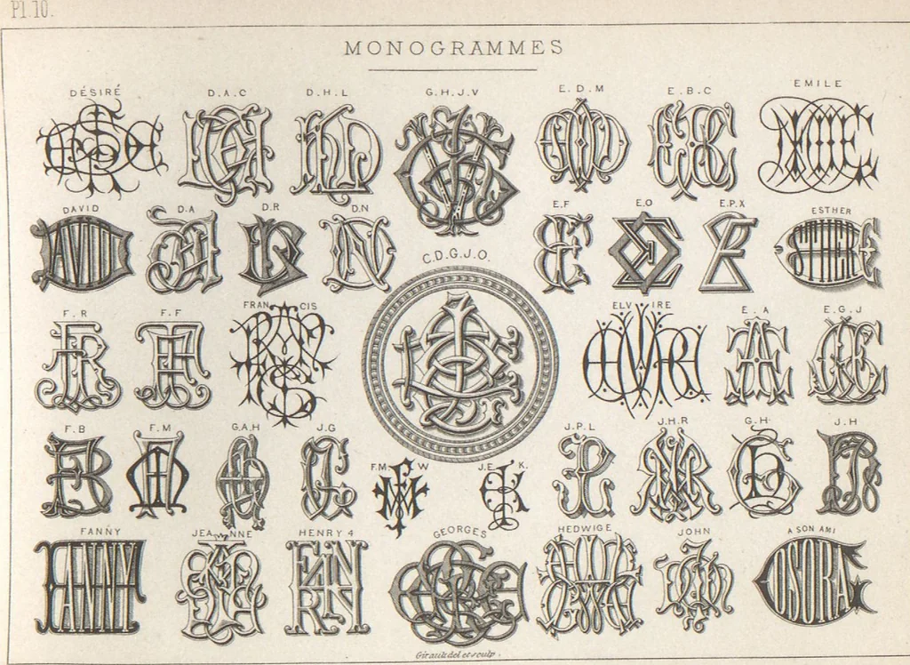 An illustration from Álbum graphique : recueil d'alphabets français, étrangers et ornés, couronnes, armes, supports, chiffres entrelacés et ornés : [volume 2] / monogrammes tires d'anciens manuscrits et composés par J. Girault, 1870, leaf 13