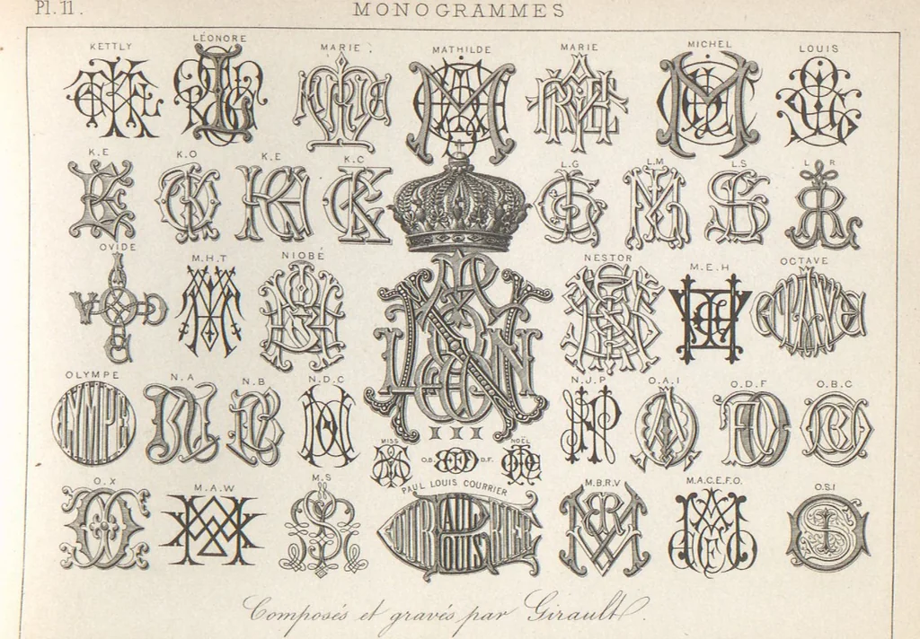An illustration from Álbum graphique : recueil d'alphabets français, étrangers et ornés, couronnes, armes, supports, chiffres entrelacés et ornés : [volume 2] / monogrammes tires d'anciens manuscrits et composés par J. Girault, 1870, leaf 14
