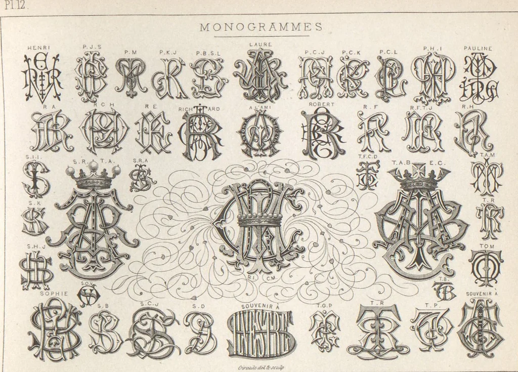 An illustration from Álbum graphique : recueil d'alphabets français, étrangers et ornés, couronnes, armes, supports, chiffres entrelacés et ornés : [volume 2] / monogrammes tires d'anciens manuscrits et composés par J. Girault, 1870, leaf 15