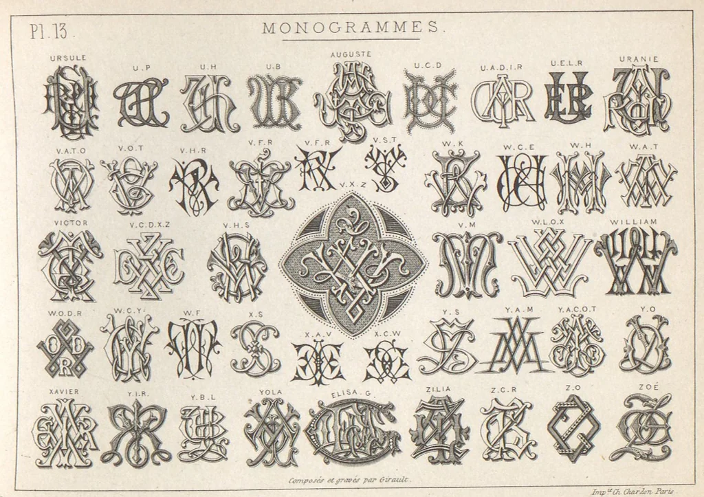 An illustration from Álbum graphique : recueil d'alphabets français, étrangers et ornés, couronnes, armes, supports, chiffres entrelacés et ornés : [volume 2] / monogrammes tires d'anciens manuscrits et composés par J. Girault, 1870, leaf 16