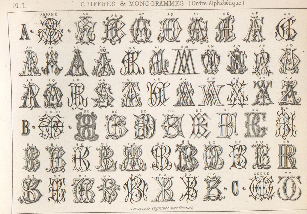 An illustration from Álbum graphique : recueil d'alphabets français, étrangers et ornés, couronnes, armes, supports, chiffres entrelacés et ornés : [volume 2] / monogrammes tires d'anciens manuscrits et composés par J. Girault, 1870, leaf 4