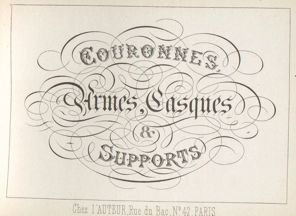 An illustration from Álbum graphique : recueil d'alphabets français, étrangers et ornés, couronnes, armes, supports, chiffres entrelacés et ornés : [volume 2] / monogrammes tires d'anciens manuscrits et composés par J. Girault, 1870, leaf 58