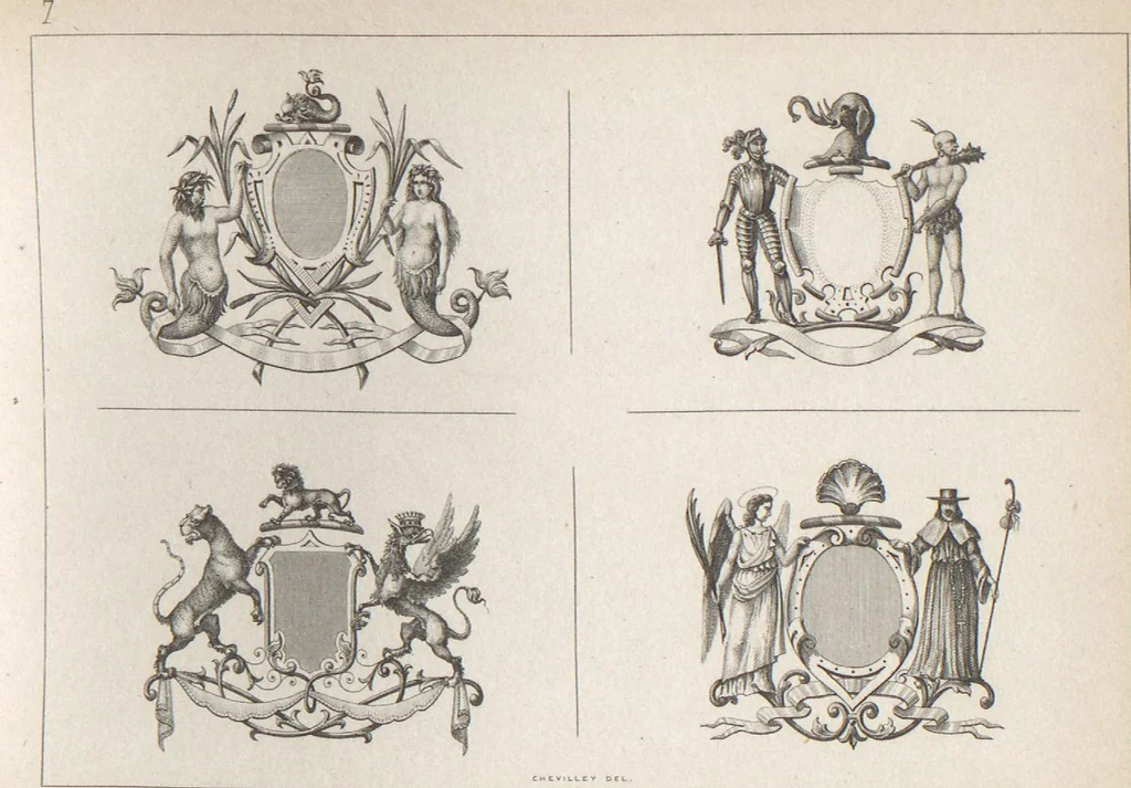 An illustration from Álbum graphique : recueil d'alphabets français, étrangers et ornés, couronnes, armes, supports, chiffres entrelacés et ornés : [volume 2] / monogrammes tires d'anciens manuscrits et composés par J. Girault, 1870, leaf 68