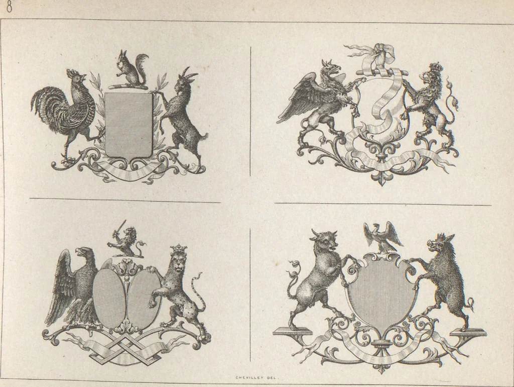 An illustration from Álbum graphique : recueil d'alphabets français, étrangers et ornés, couronnes, armes, supports, chiffres entrelacés et ornés : [volume 2] / monogrammes tires d'anciens manuscrits et composés par J. Girault, 1870, leaf 69