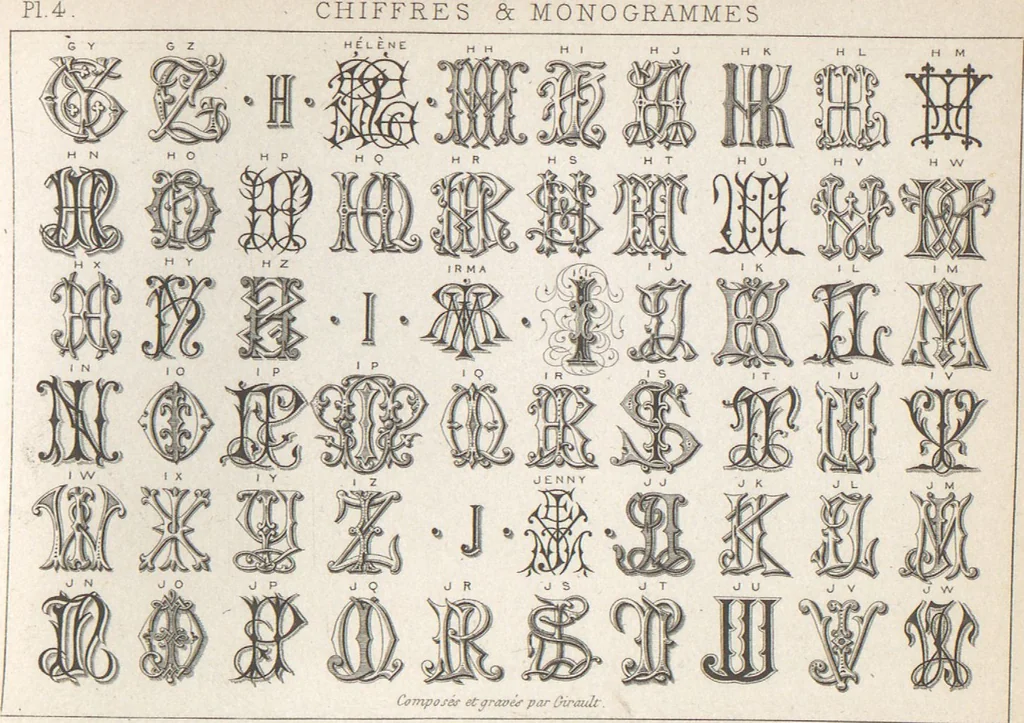 An illustration from Álbum graphique : recueil d'alphabets français, étrangers et ornés, couronnes, armes, supports, chiffres entrelacés et ornés : [volume 2] / monogrammes tires d'anciens manuscrits et composés par J. Girault, 1870, leaf 7