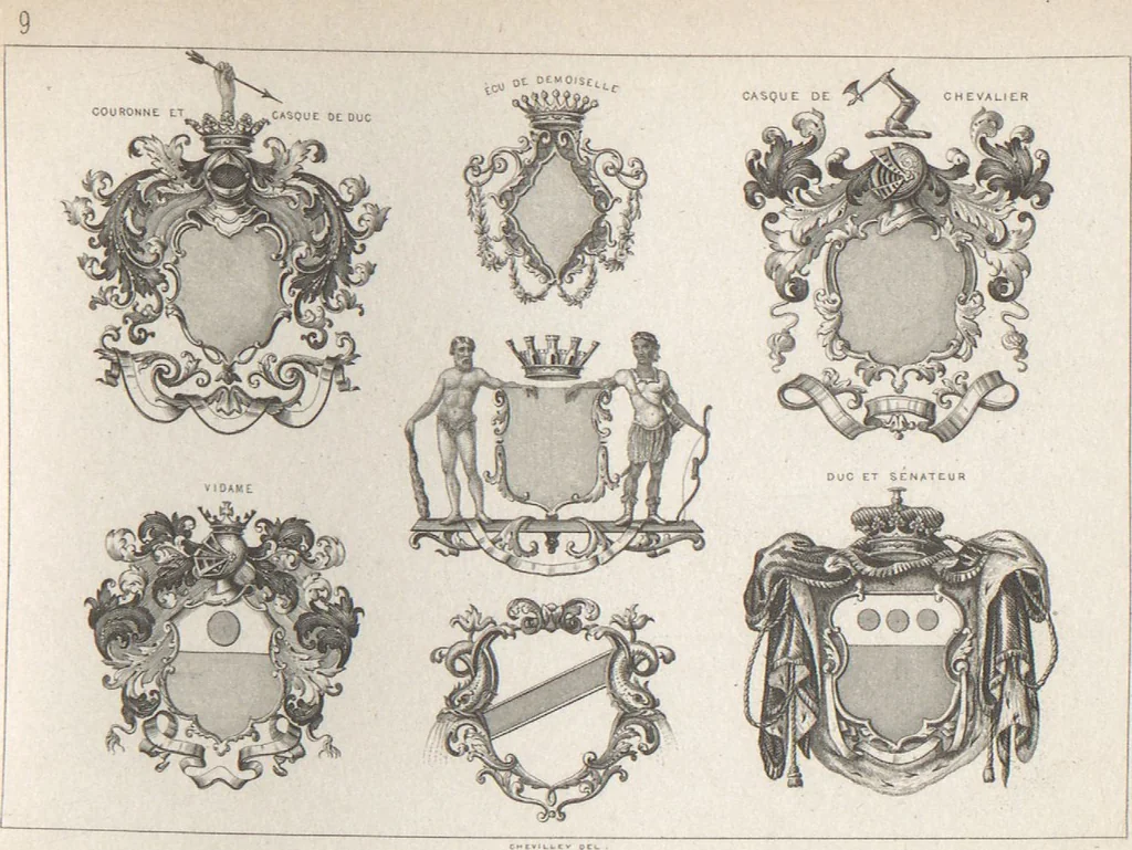 An illustration from Álbum graphique : recueil d'alphabets français, étrangers et ornés, couronnes, armes, supports, chiffres entrelacés et ornés : [volume 2] / monogrammes tires d'anciens manuscrits et composés par J. Girault, 1870, leaf 70