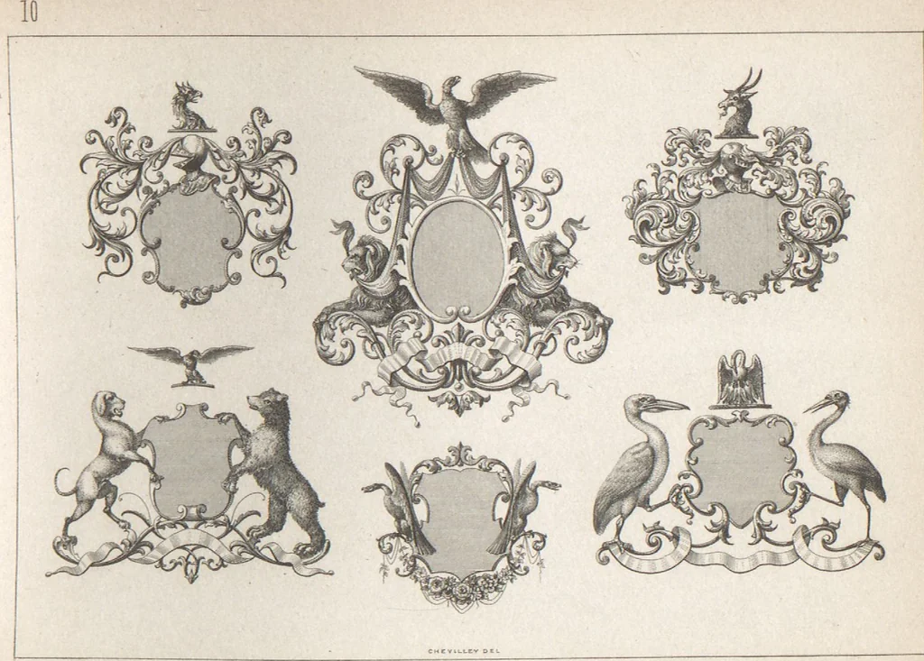 An illustration from Álbum graphique : recueil d'alphabets français, étrangers et ornés, couronnes, armes, supports, chiffres entrelacés et ornés : [volume 2] / monogrammes tires d'anciens manuscrits et composés par J. Girault, 1870, leaf 71