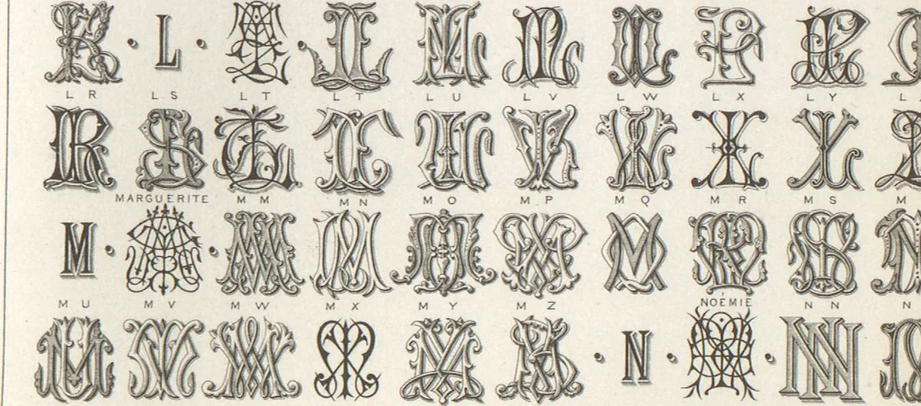 An illustration from Álbum graphique : recueil d'alphabets français, étrangers et ornés, couronnes, armes, supports, chiffres entrelacés et ornés : [volume 2] / monogrammes tires d'anciens manuscrits et composés par J. Girault, 1870, leaf 8