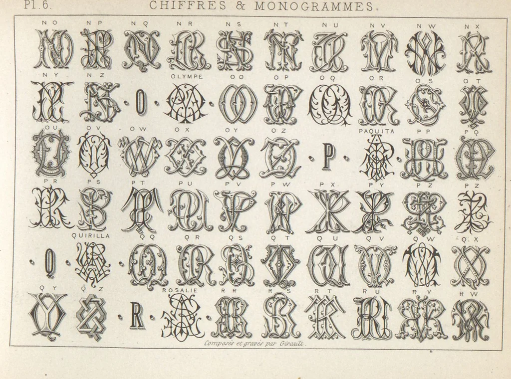 An illustration from Álbum graphique : recueil d'alphabets français, étrangers et ornés, couronnes, armes, supports, chiffres entrelacés et ornés : [volume 2] / monogrammes tires d'anciens manuscrits et composés par J. Girault, 1870, leaf 9
