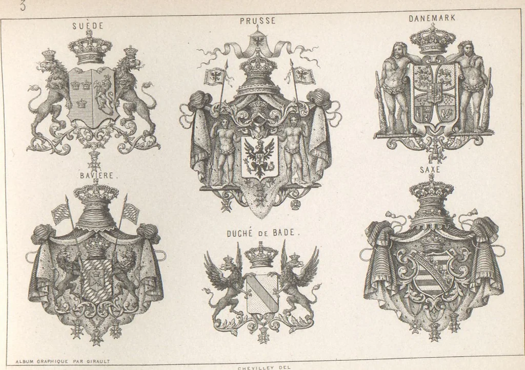 An illustration from Álbum graphique : recueil d'alphabets français, étrangers et ornés, couronnes, armes, supports, chiffres entrelacés et ornés : [volume 2] / monogrammes tires d'anciens manuscrits et composés par J. Girault, 1870, leaf 95