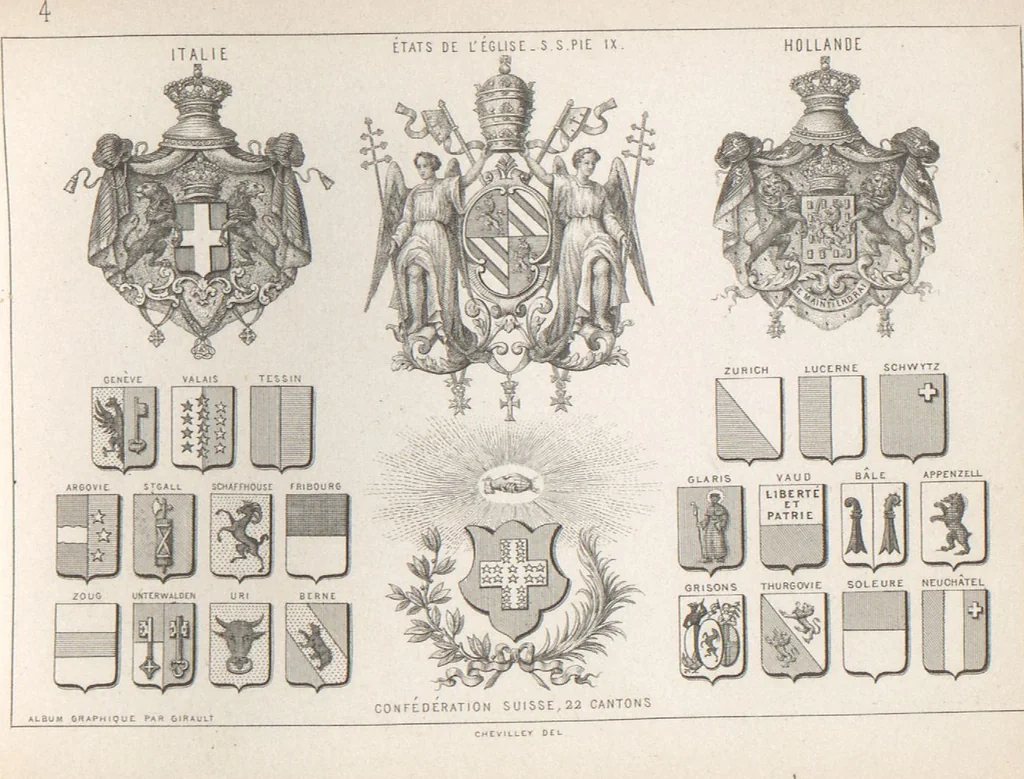 An illustration from Álbum graphique : recueil d'alphabets français, étrangers et ornés, couronnes, armes, supports, chiffres entrelacés et ornés : [volume 2] / monogrammes tires d'anciens manuscrits et composés par J. Girault, 1870, leaf 96
