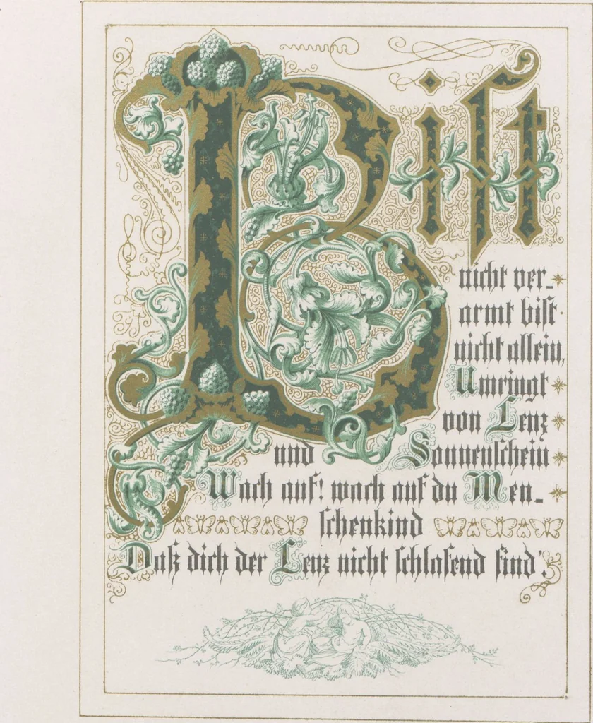 An illustration from In Freude und Leid : Denksprüche mit Initialen / gemalt von Alwine Schrödter, 1865, leaf 12
