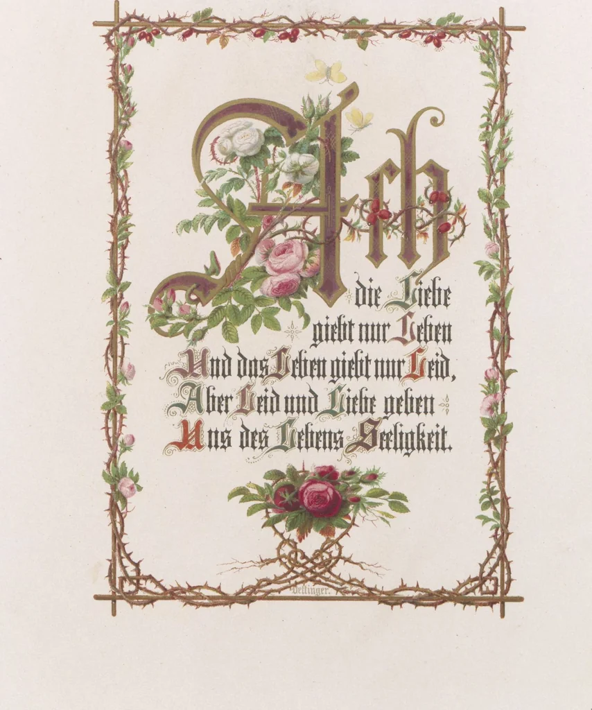 An illustration from In Freude und Leid : Denksprüche mit Initialen / gemalt von Alwine Schrödter, 1865, leaf 9