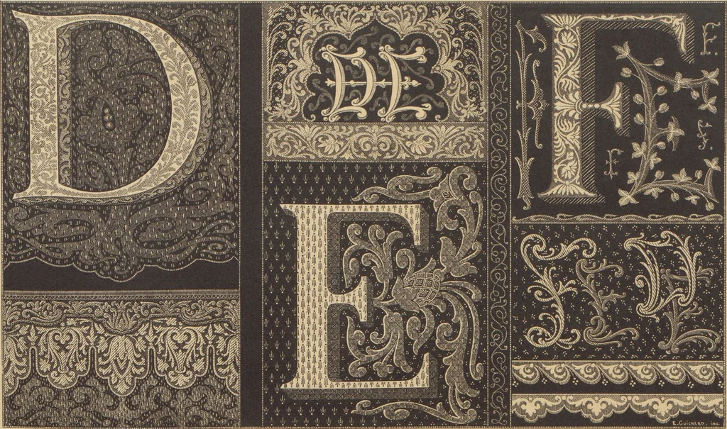 An illustration from Les petits alphabets du brodeur : compositions originales inspirées de nos grandes époques décoratives / par Ed. Guichard, leaf 7