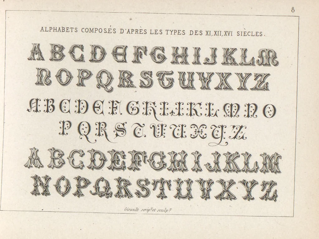 An illustration from Álbum graphique : recueil d'alphabets français, étrangers et ornés, couronnes, armes, supports, chiffres entrelacés et ornés : [volume 1] / monogrammes tires d'anciens manuscrits et composés par J. Girault, 1870, leaf 13