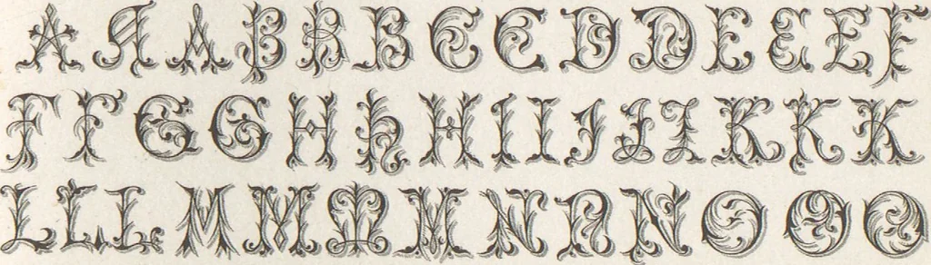 An illustration from Álbum graphique : recueil d'alphabets français, étrangers et ornés, couronnes, armes, supports, chiffres entrelacés et ornés : [volume 1] / monogrammes tires d'anciens manuscrits et composés par J. Girault, 1870, leaf 15