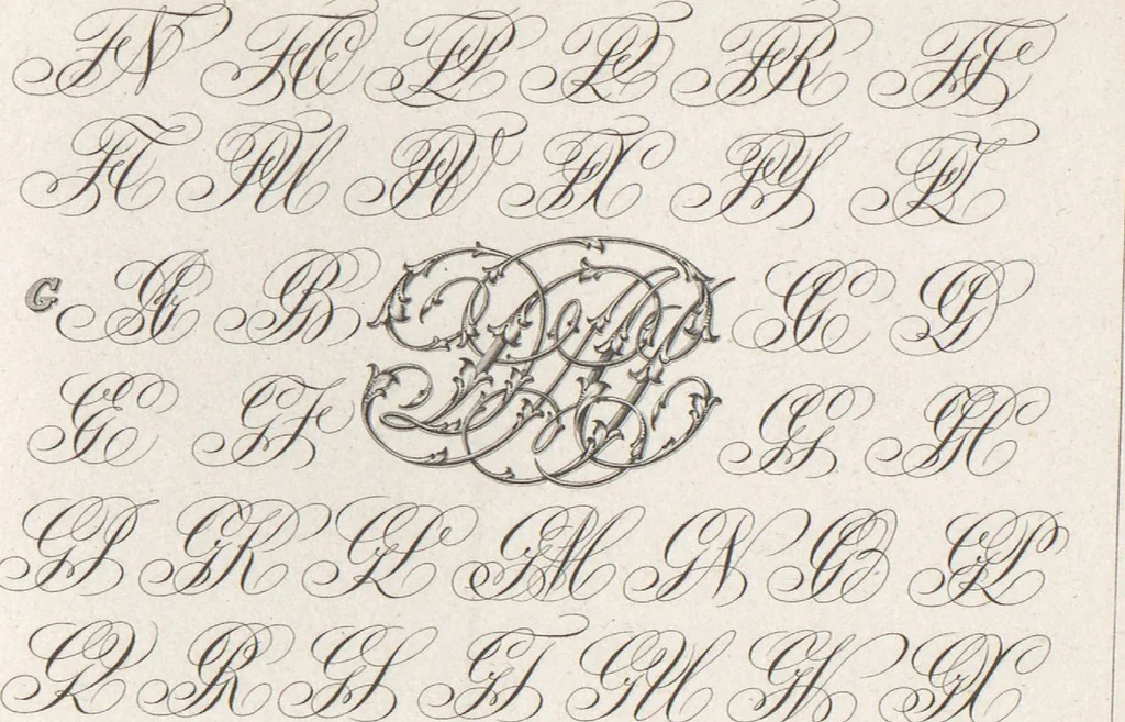 An illustration from Álbum graphique : recueil d'alphabets français, étrangers et ornés, couronnes, armes, supports, chiffres entrelacés et ornés : [volume 1] / monogrammes tires d'anciens manuscrits et composés par J. Girault, 1870, leaf 40