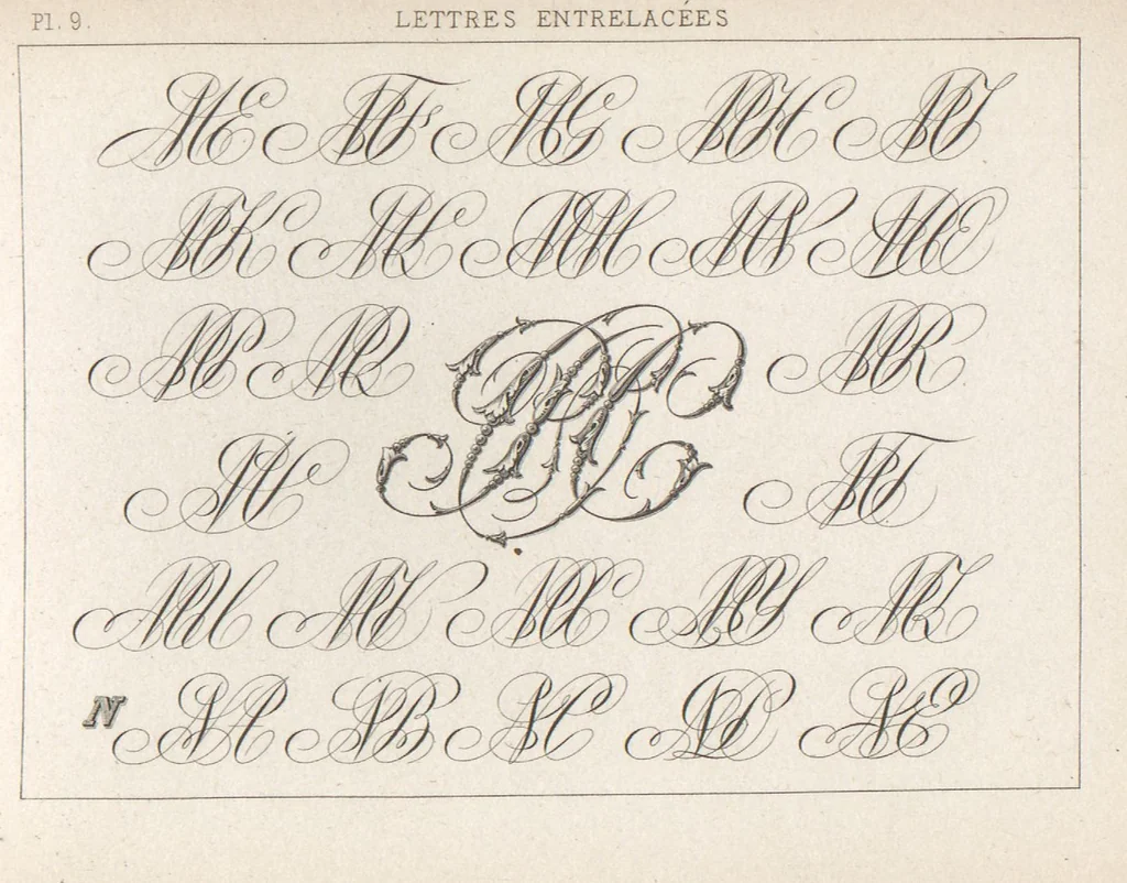 An illustration from Álbum graphique : recueil d'alphabets français, étrangers et ornés, couronnes, armes, supports, chiffres entrelacés et ornés : [volume 1] / monogrammes tires d'anciens manuscrits et composés par J. Girault, 1870, leaf 44