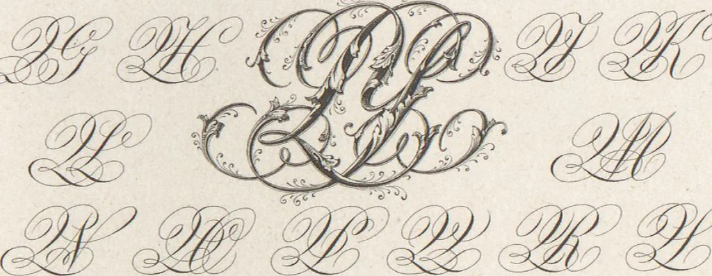 An illustration from Álbum graphique : recueil d'alphabets français, étrangers et ornés, couronnes, armes, supports, chiffres entrelacés et ornés : [volume 1] / monogrammes tires d'anciens manuscrits et composés par J. Girault, 1870, leaf 47