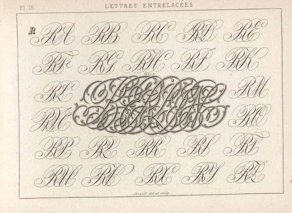 An illustration from Álbum graphique : recueil d'alphabets français, étrangers et ornés, couronnes, armes, supports, chiffres entrelacés et ornés : [volume 1] / monogrammes tires d'anciens manuscrits et composés par J. Girault, 1870, leaf 48