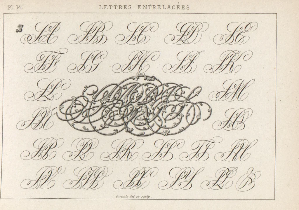 An illustration from Álbum graphique : recueil d'alphabets français, étrangers et ornés, couronnes, armes, supports, chiffres entrelacés et ornés : [volume 1] / monogrammes tires d'anciens manuscrits et composés par J. Girault, 1870, leaf 49