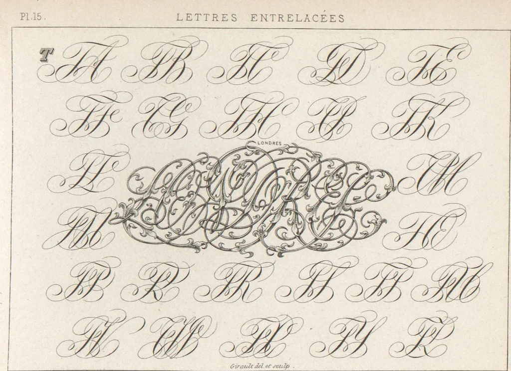 An illustration from Álbum graphique : recueil d'alphabets français, étrangers et ornés, couronnes, armes, supports, chiffres entrelacés et ornés : [volume 1] / monogrammes tires d'anciens manuscrits et composés par J. Girault, 1870, leaf 50