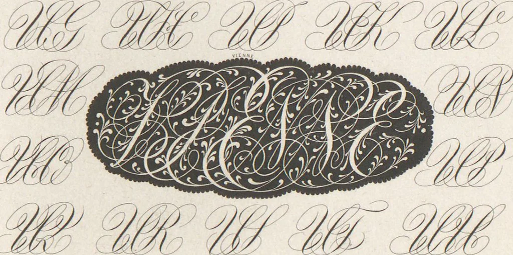 An illustration from Álbum graphique : recueil d'alphabets français, étrangers et ornés, couronnes, armes, supports, chiffres entrelacés et ornés : [volume 1] / monogrammes tires d'anciens manuscrits et composés par J. Girault, 1870, leaf 51