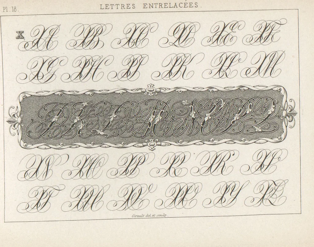 An illustration from Álbum graphique : recueil d'alphabets français, étrangers et ornés, couronnes, armes, supports, chiffres entrelacés et ornés : [volume 1] / monogrammes tires d'anciens manuscrits et composés par J. Girault, 1870, leaf 53