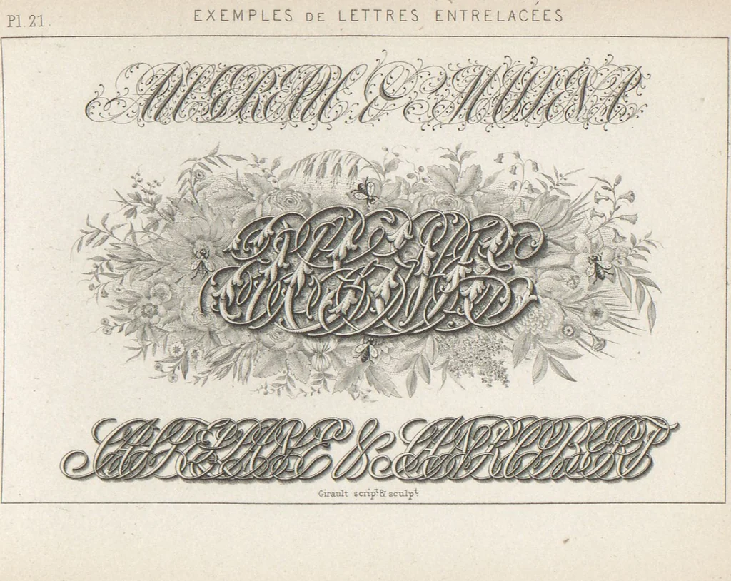 An illustration from Álbum graphique : recueil d'alphabets français, étrangers et ornés, couronnes, armes, supports, chiffres entrelacés et ornés : [volume 1] / monogrammes tires d'anciens manuscrits et composés par J. Girault, 1870, leaf 56