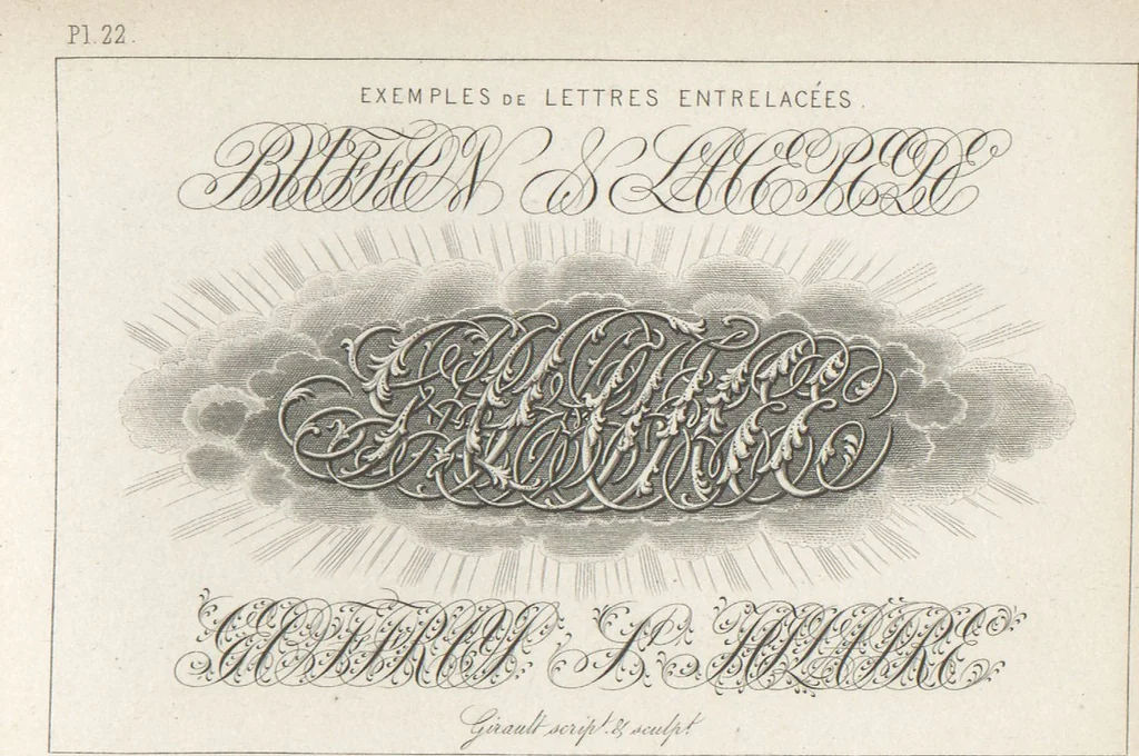 An illustration from Álbum graphique : recueil d'alphabets français, étrangers et ornés, couronnes, armes, supports, chiffres entrelacés et ornés : [volume 1] / monogrammes tires d'anciens manuscrits et composés par J. Girault, 1870, leaf 57